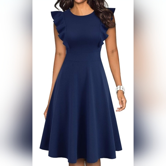 Yathon Dresses & Skirts - Yathon Navy Blue Flutter Sleeve Fit and Flare Dress